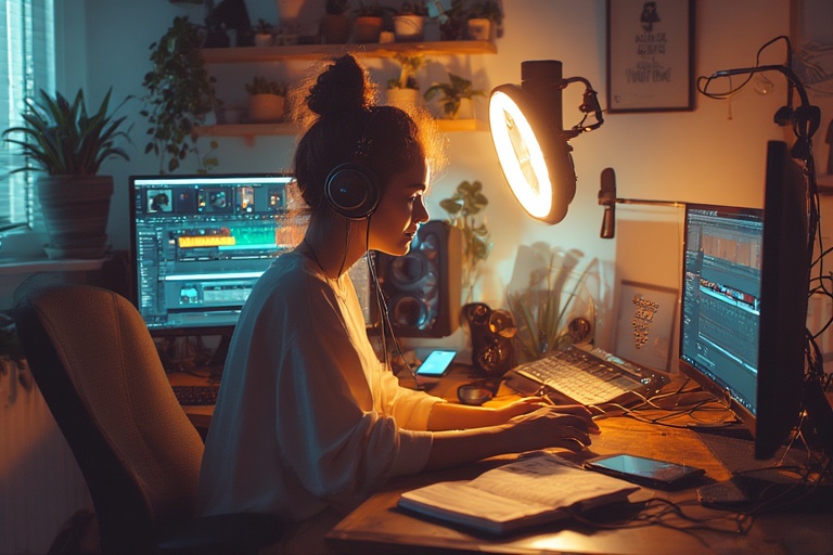 Student wearing headphones sits at a desk with multiple monitors displaying video editing software, illuminated by a ring light. The workspace is filled with plants, notebooks, and tech devices, creating a cozy and focused home office atmosphere. The scene conveys creativity and concentration during content creation.